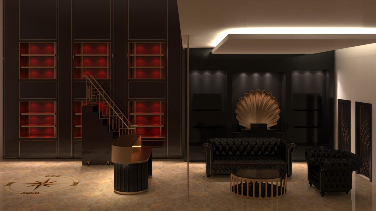 Black Design iç mekan uygulaması — loş, sıcak tonlu premium mağaza tasarımı